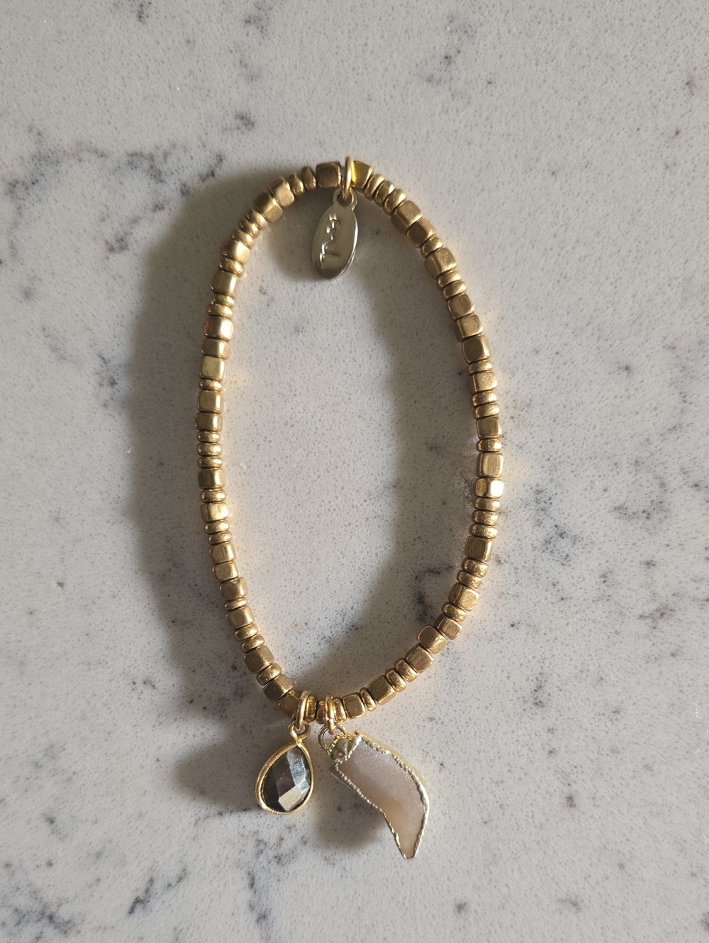 Gold Beaded Charm Bracelet with Faceted Stone and Mother-of-Pearl Charm